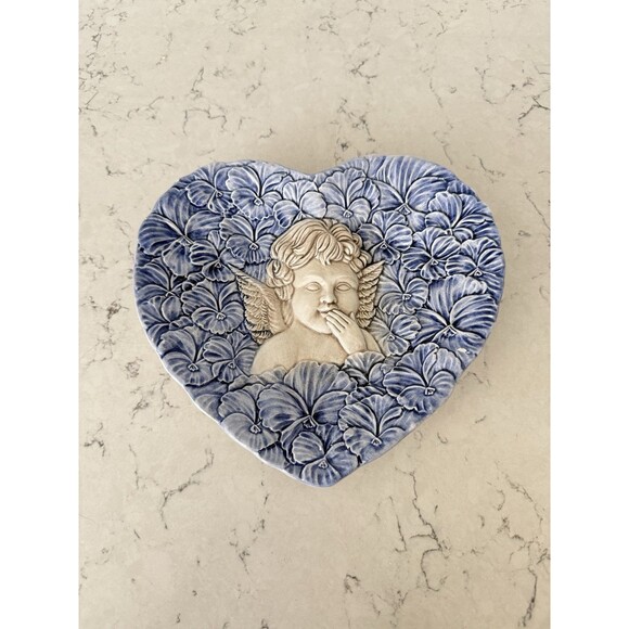 Vtg Blue HEART SHAPED Trinket Plate Dish  MADE ITALY Valentines Cottagecore - Picture 1 of 5